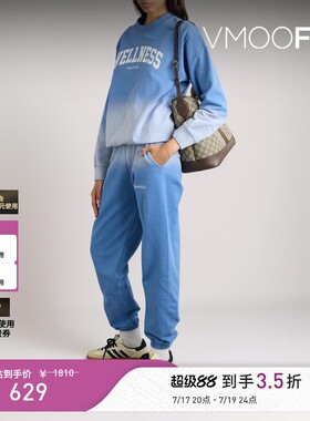 SPORTY & RICH 女秋冬蓝色渐变色印花棉质圆领卫衣