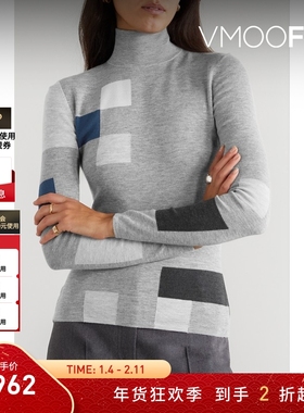 【折扣】Akris秋冬女士拼缝羊绒真丝混纺高领毛衣