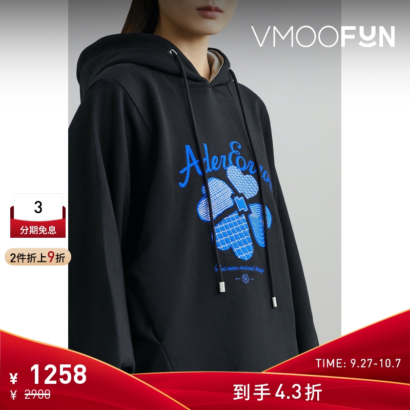 【折扣】Ader Error女四叶草刺绣棉质黑色连帽卫衣