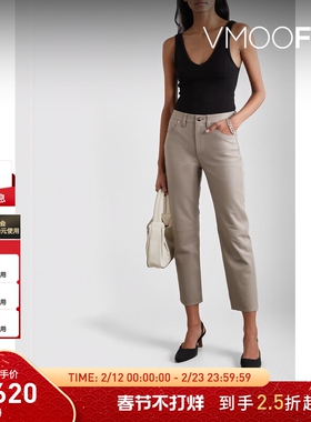 【折扣】GOLDSIGN 女灰色皮革直筒修身九分裤