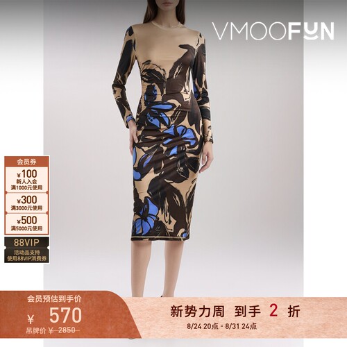 【折扣】STINE GOYA春夏女缩褶印花弹力平纹布中长连衣裙