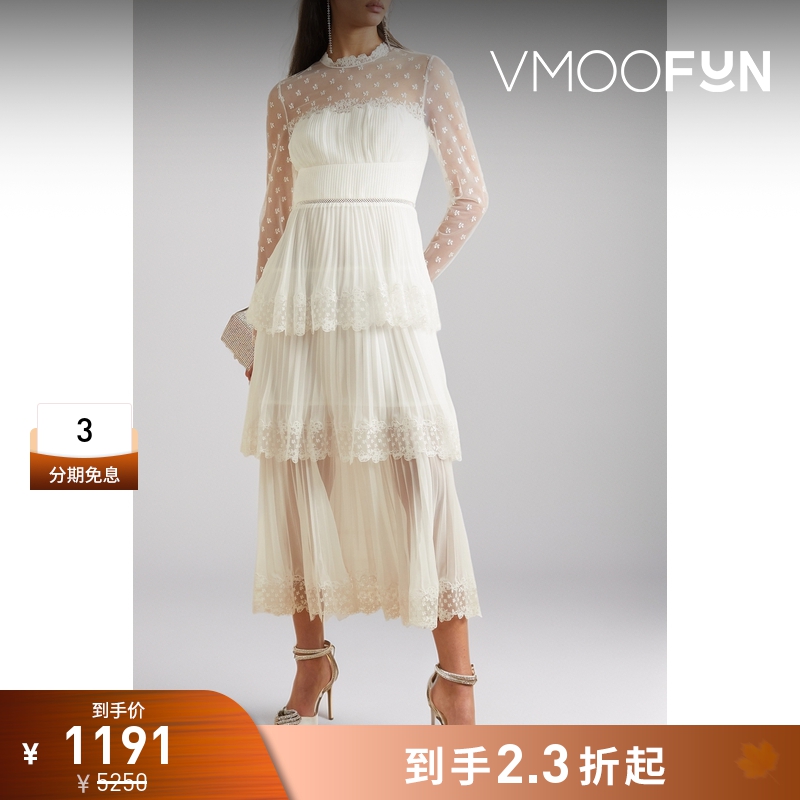 【折扣】Self-Portrait 女蕾丝边饰绢网雪纺绸连衣裙小白裙