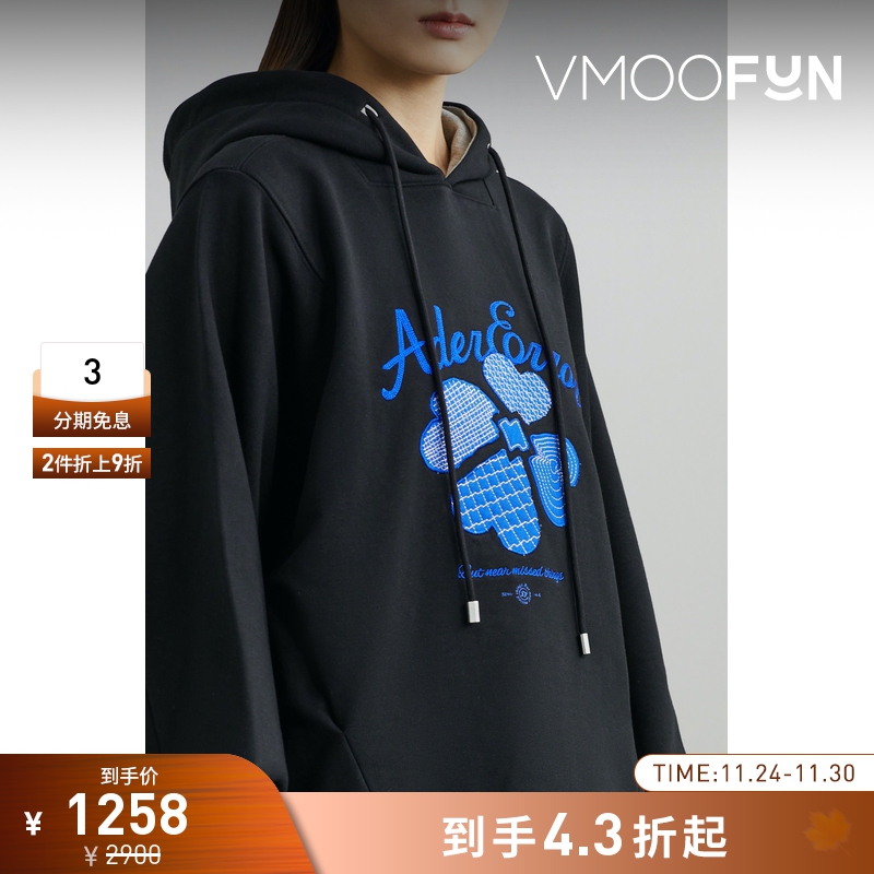 【折扣】Ader Error女四叶草刺绣棉质黑色连帽卫衣