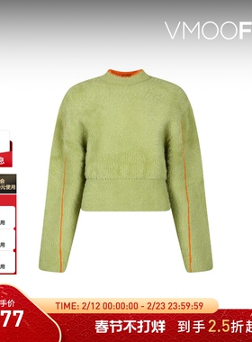 【折扣】YCH 秋冬撞色款圆领短款宽松女拉绒挖剪羊毛混纺针织衫