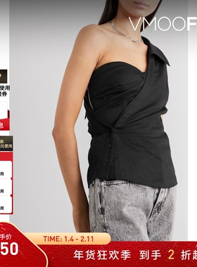 【折扣】RtA 女黑色单肩长袖褶饰棉麻混纺上衣-VP