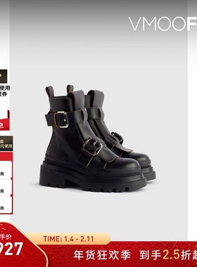 【折扣】PLAN C 女秋冬皮革厚底黑色马丁靴