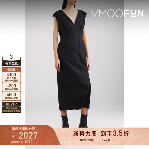 【折扣】Mame Kurogouchi 秋冬女羊毛中长V领连衣裙小黑裙
