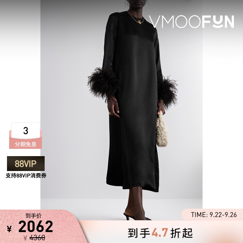 【折扣】Sleeper 女士羽毛缀饰兰精环生纤缎布超长连衣裙