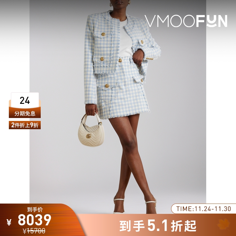 【折扣】BALMAIN 夏季女纽扣缀饰毛边方格花呢迷你半身裙