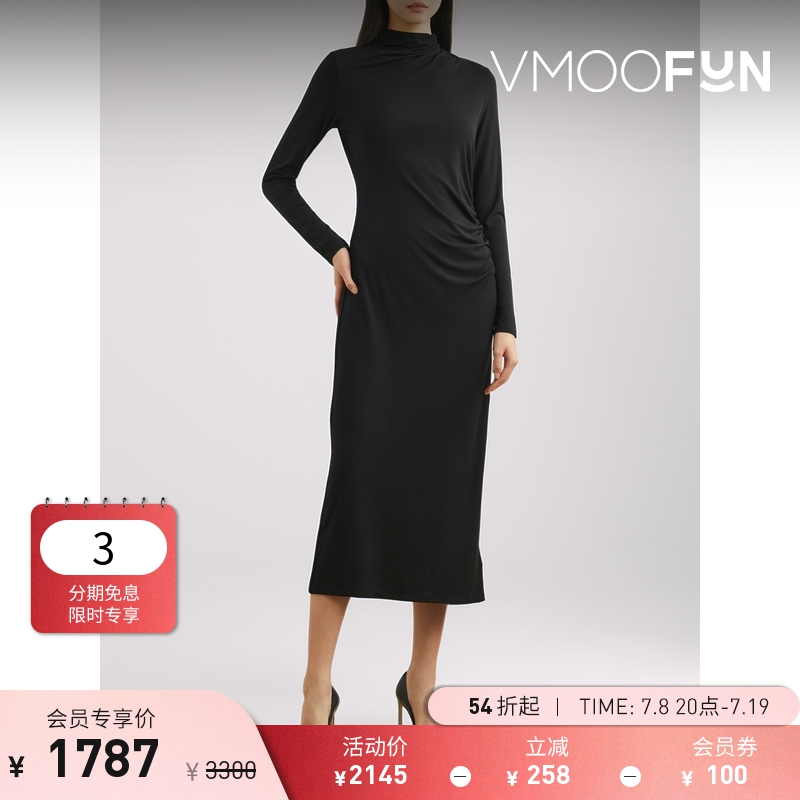 【折扣】VINCE 秋冬女黑色褶饰弹力平纹布中长长袖连衣裙