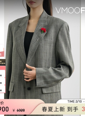 【季末折扣】pushBUTTON秋冬女带缀饰挖剪格纹平纹布西装外套