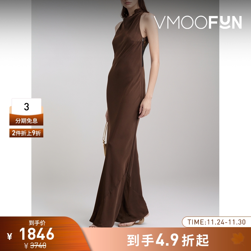 【折扣】Rotate 夏季女垂褶蕾丝边饰绉纱超长连衣裙