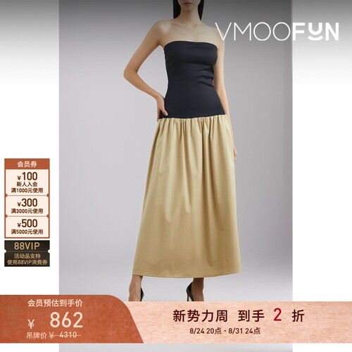 【折扣】ANNA QUAN春夏女抹胸棉质混纺拼接斜纹布超长连衣裙