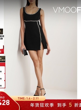 【折扣】Self-Portrait 女水晶缀饰花呢迷你吊带小黑裙连衣裙