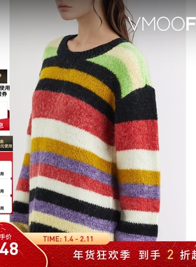 【折扣】RtA 女士秋冬宽松随性条纹嵌花混纺毛衣