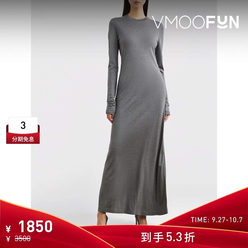 【折扣】TOTEME 女士简约圆领深灰色莱赛尔纤维超长连衣裙