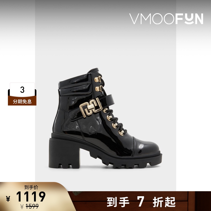 女士马丁靴时尚高跟金属珍珠格纹