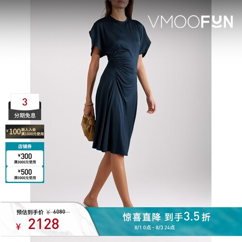 【夏季特惠】VICTORIA BECKHAM春女缩褶缎面平纹布中长连衣裙