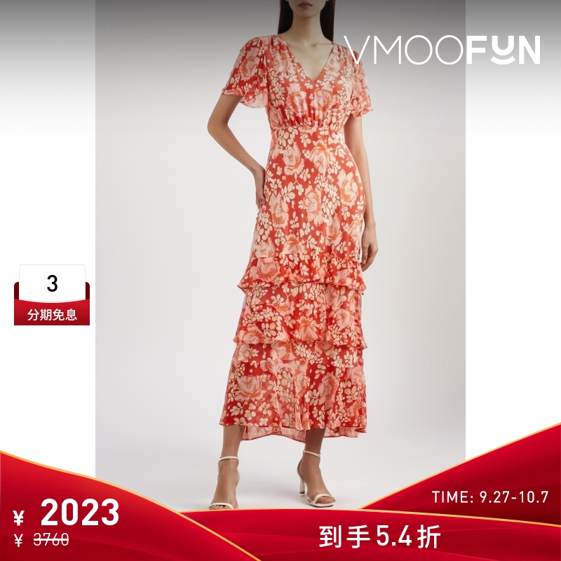 【折扣】RIXO女士分层式花卉印花真丝中长连衣裙