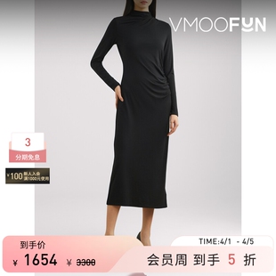 VINCE 连衣裙 春夏女黑色褶饰弹力平纹布中长长袖