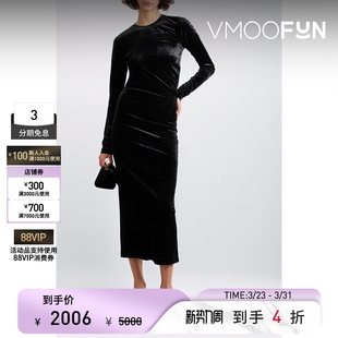 TOTEME 连衣裙 女轻熟缩褶弹力天鹅绒丝绒小黑裙长袖