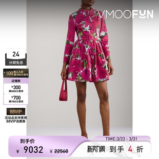 Oscar de la Renta 春夏女配腰带印花棉质长袖连衣裙