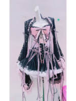 GR Original Gothy-style strapless long-sleeved lace tassel short skirt performance dress, female Halloween Gothic black, white and pink thumbnail 6