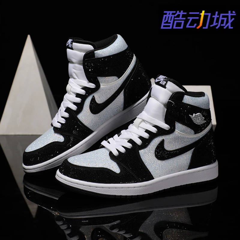 Nike耐克 【定制球鞋】Air Jordan1黑白高帮满钻牛皮情侣款潮鞋