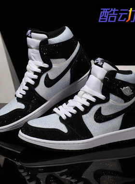Nike耐克 【定制球鞋】Air Jordan1黑白高帮满钻牛皮情侣款潮鞋