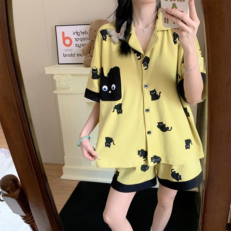 夏季带胸垫睡衣女短袖黑绿撞色小黑猫可爱夏天家居服套装2025新款
