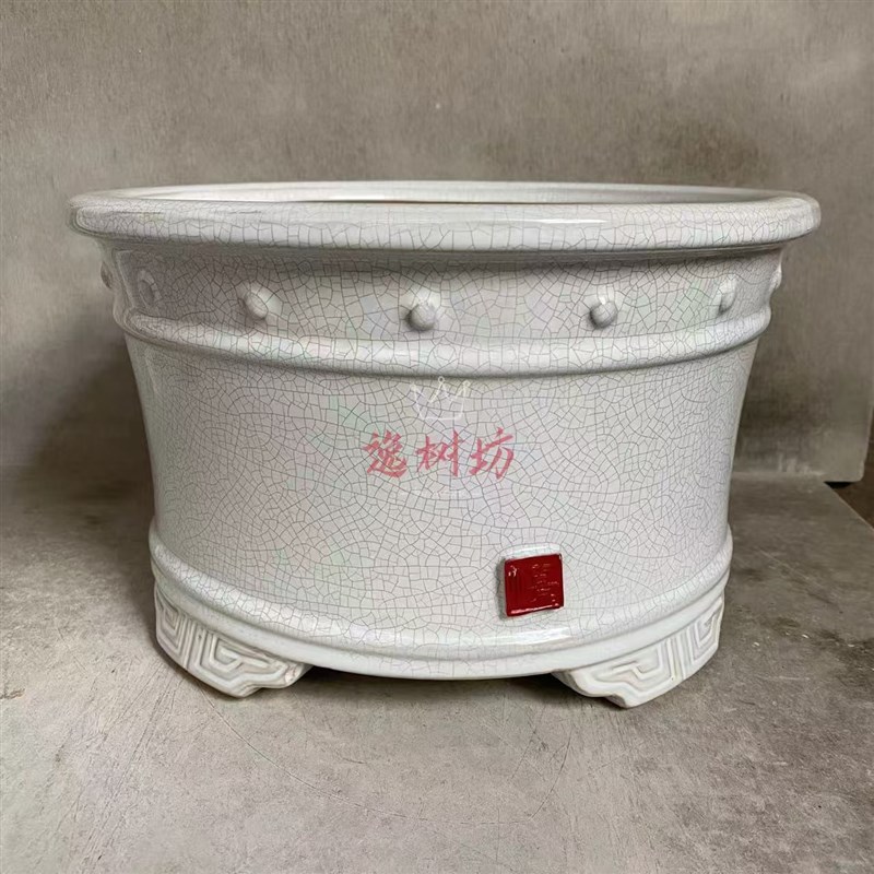 圆形豉丁盆绿色白色冰裂纹复古简约小号大号新石湾陶瓷景盆花盆