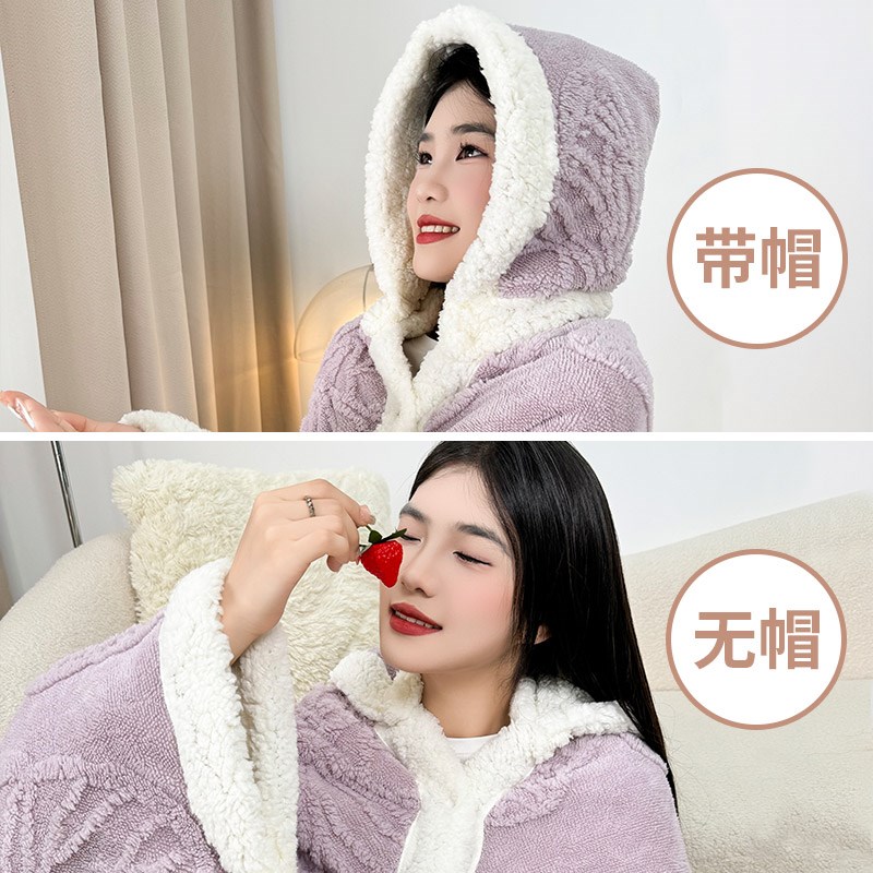 披肩毛毯办公室午睡女空调房带帽子两用秋冬季披毯连帽斗篷式毯子