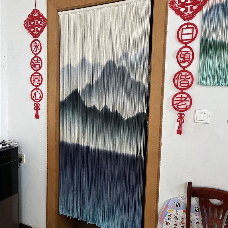 新中式纯手绘入户门帘隔断窗帘线帘墙饰装饰画
