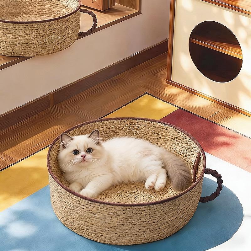 藤编猫窝四季通用茶杯蒲草编织窝耐抓耐磨夏季凉窝宠物垫子安全感