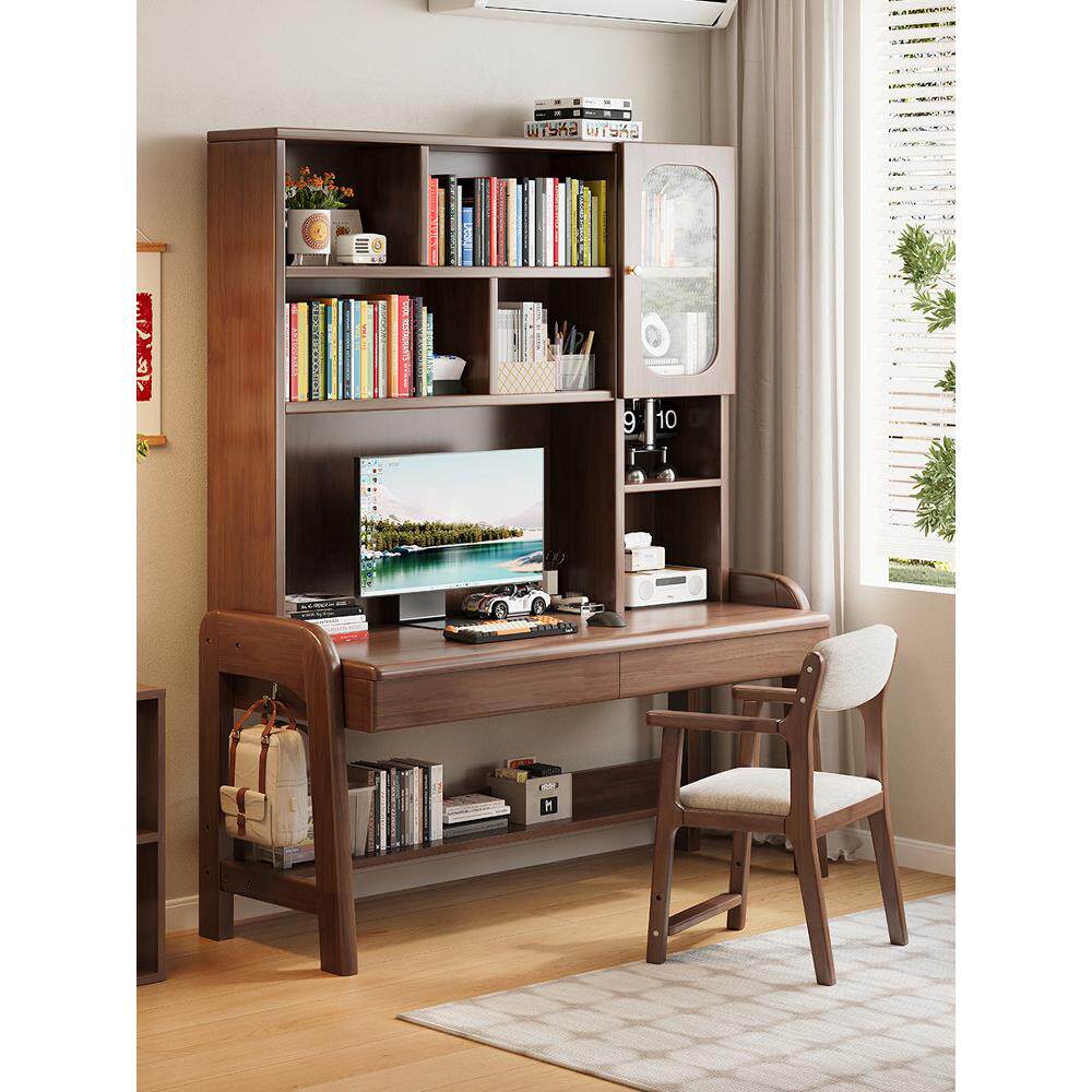 实木书桌书架一体书柜家用书房客厅学习桌子卧室小户型学生电脑桌