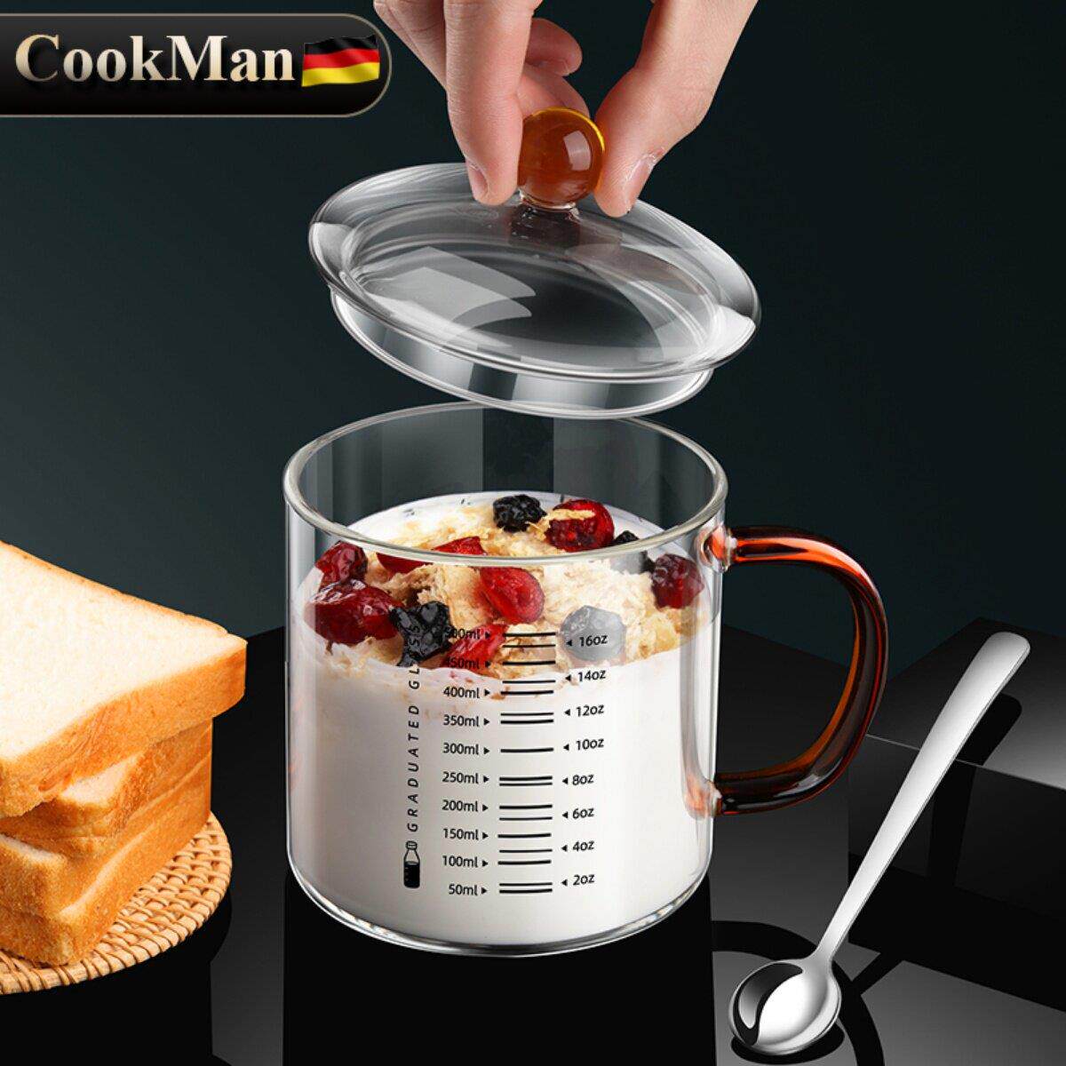 玻璃牛奶杯带刻度的家庭早餐燕麦杯有盖微波炉加热学生牛奶杯