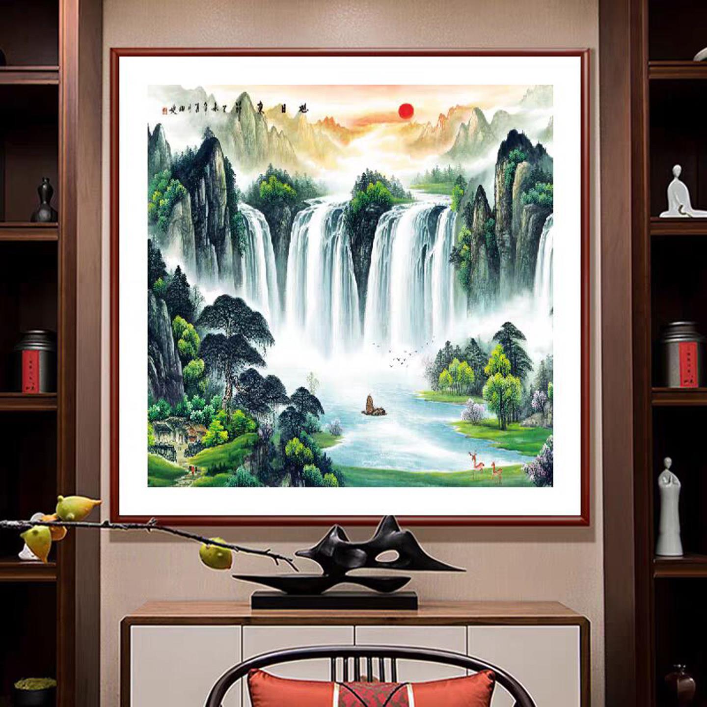 高山流水画聚宝盆国画山水画玄关办公室实木框旭日东升八方聚财画