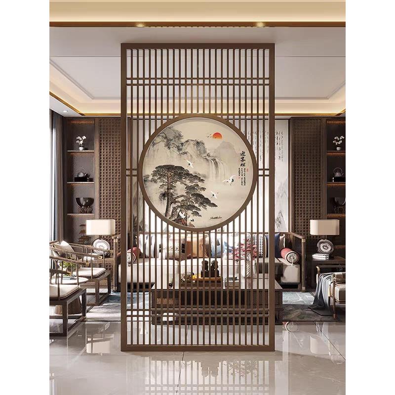 新中式不锈钢屏风隔断墙木纹格栅镂空花格餐厅客厅入户门玄关装饰