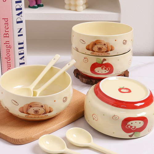 卡通陶瓷泡面碗可颂家用大容量