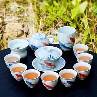 仿古釉陶瓷茶壶茶杯家用功夫釉下彩盖碗礼盒装 手绘青花瓷茶具套装