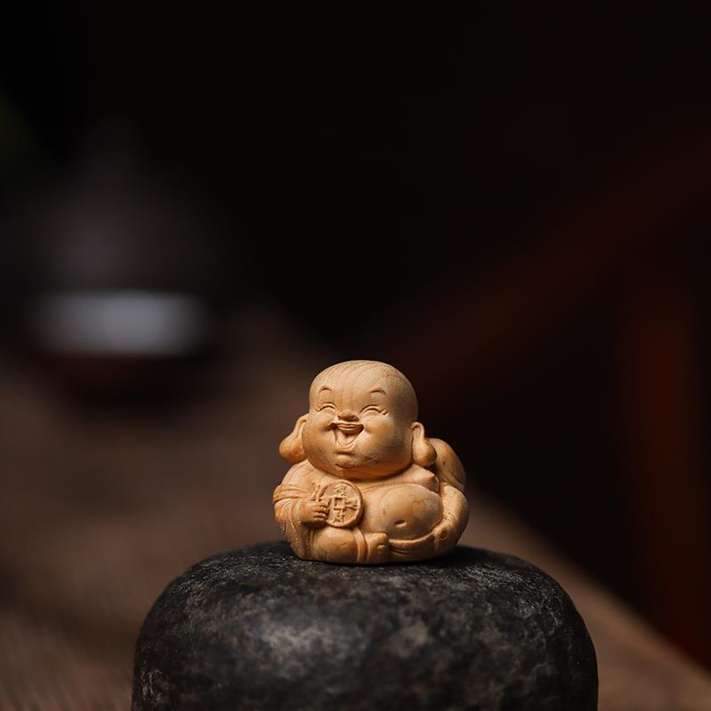 崖柏木弥勒佛手把玩件车摆件一团和气饰品文玩把件木质笑佛工艺品