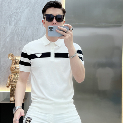 2023夏季新款个性条纹修身弹力透气薄款针织冰丝翻领短袖polo衫男