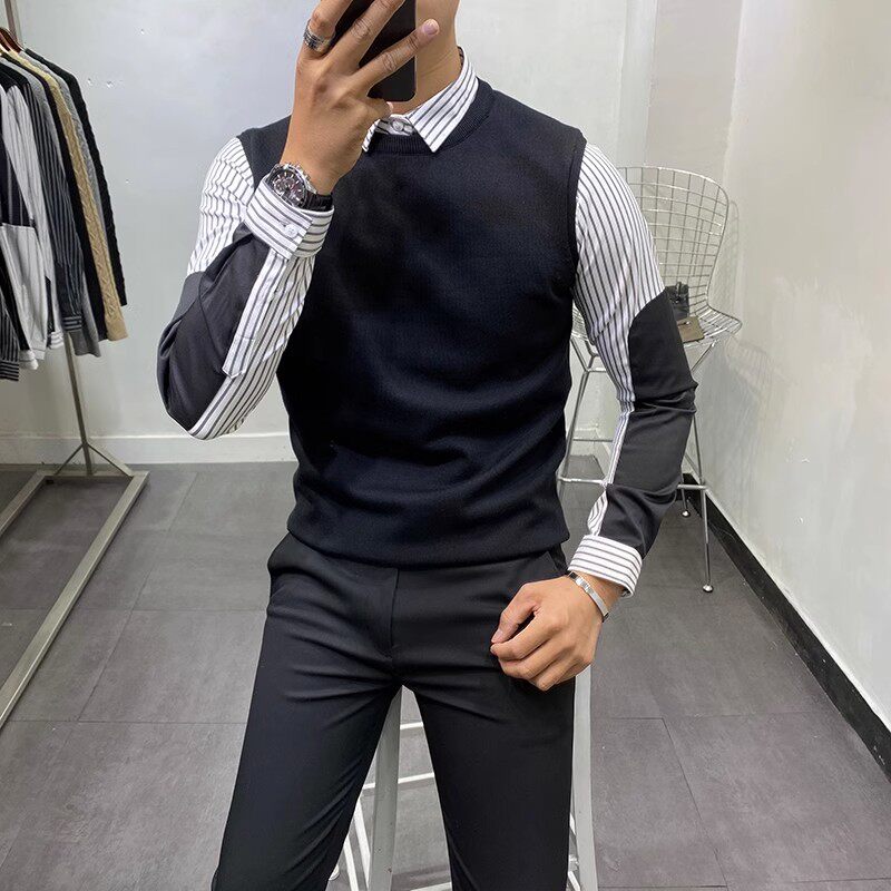 衬衫领假两件毛衣男装2022新款秋装上衣修身加绒加厚打底针织衫男