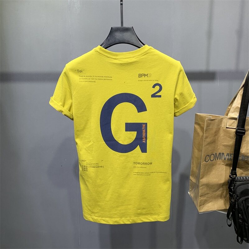 大玩家男装男士紧身韩版黄色短袖T恤时尚潮牌简约字母半袖薄款夏