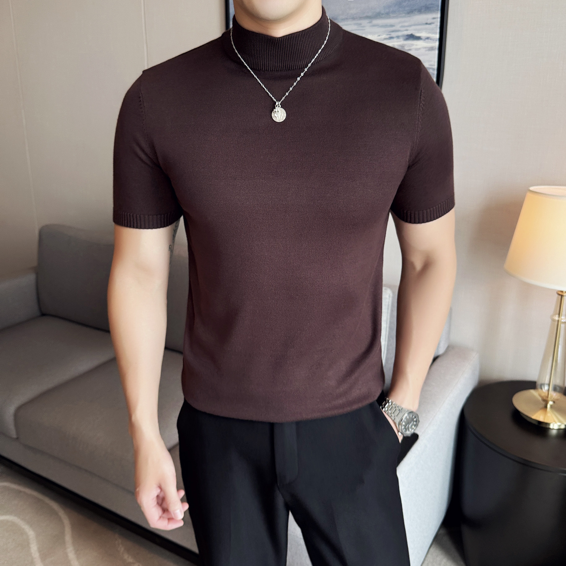 半高领短袖毛衣男秋冬加厚保暖商务针织衫潮流修身中领毛线打底衫