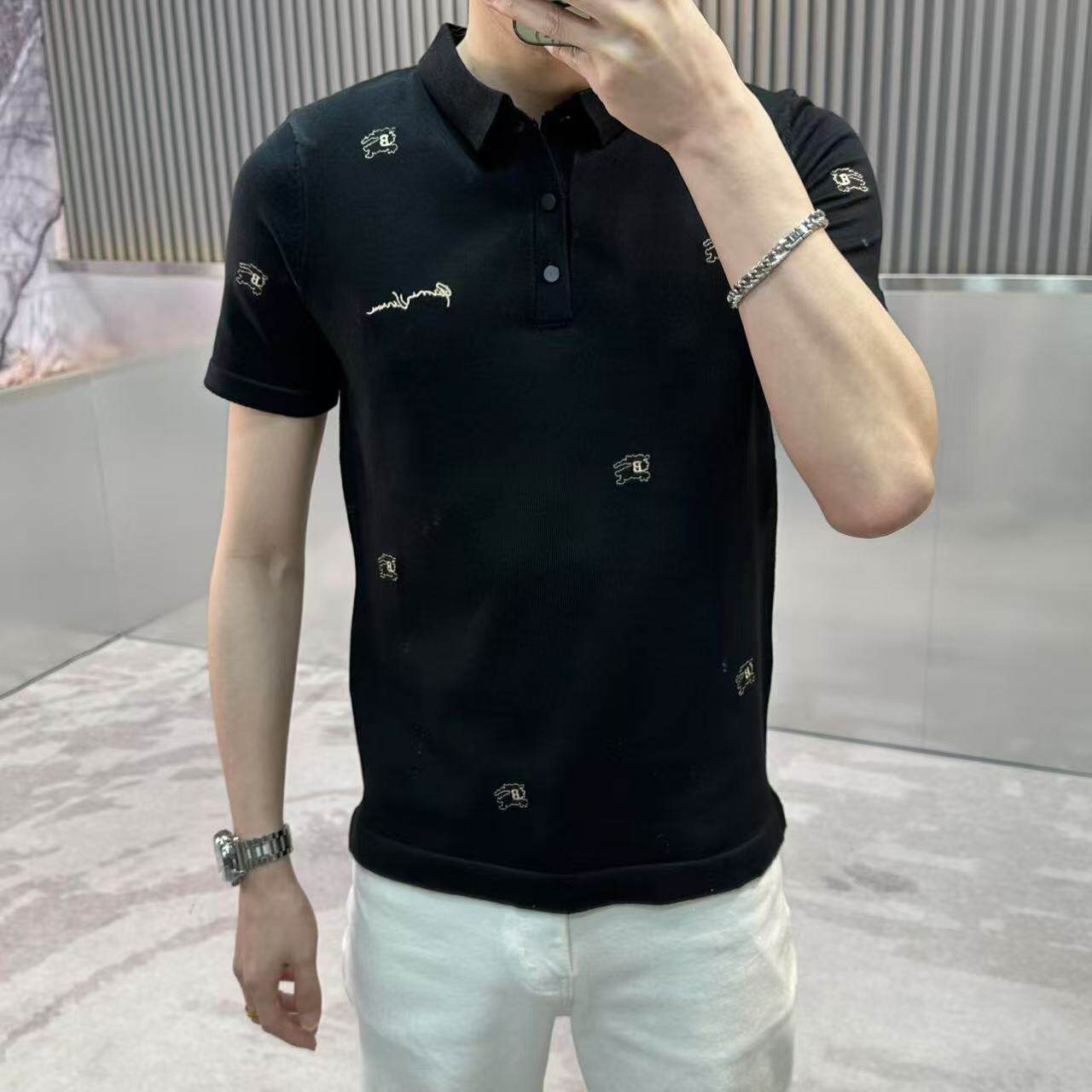 休闲时尚大码轻奢短袖针织夏季男士紧身针织半袖POLO衫常规半截袖
