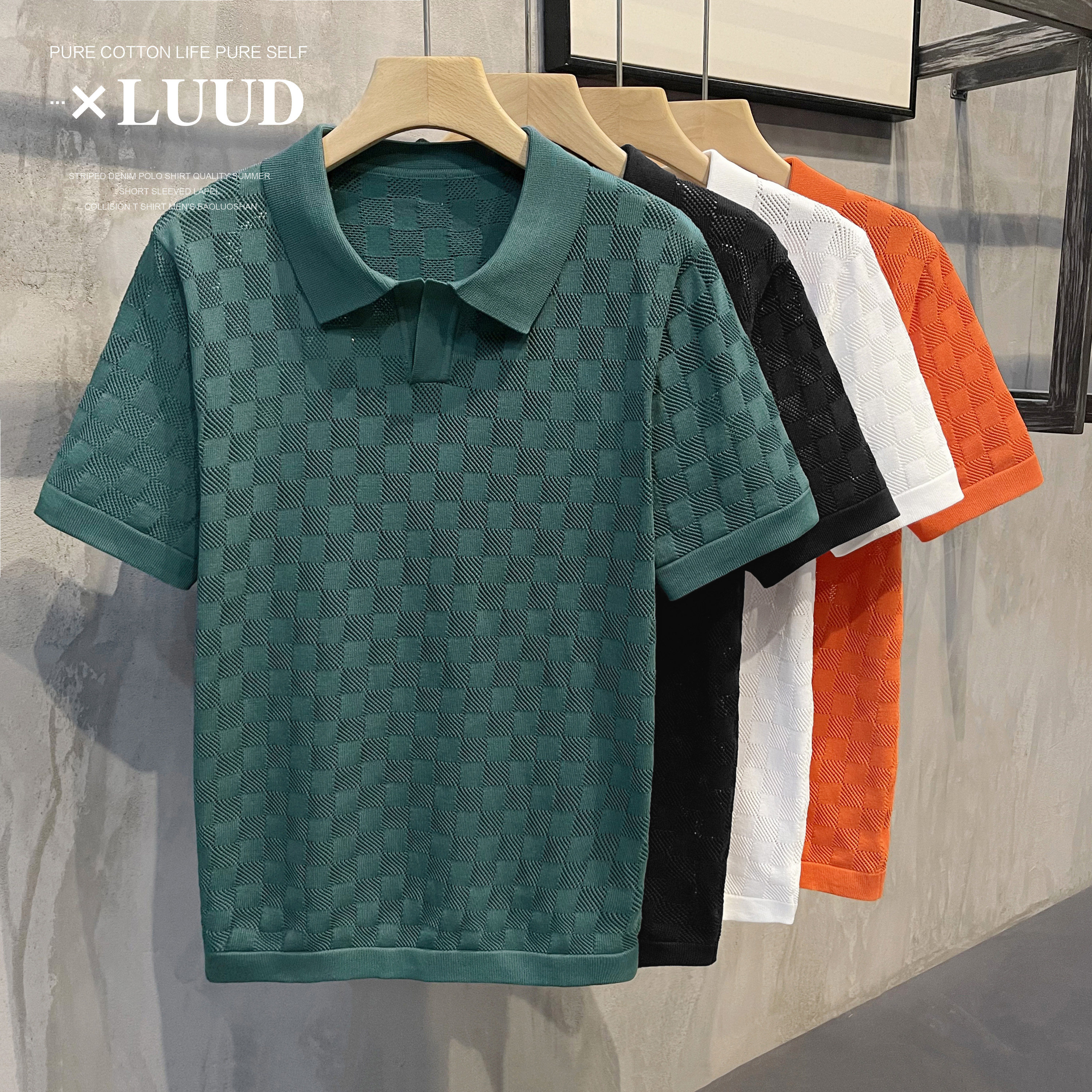 LUUD 新款双曲冰丝镂空针织polo衫男士绅士简约格子短袖保罗衫夏