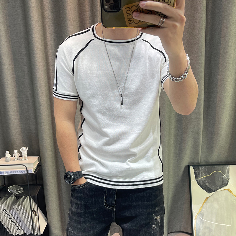 半袖针织衫男圆领弹力紧身衣修身时尚青年修身帅气百搭短袖毛衣潮