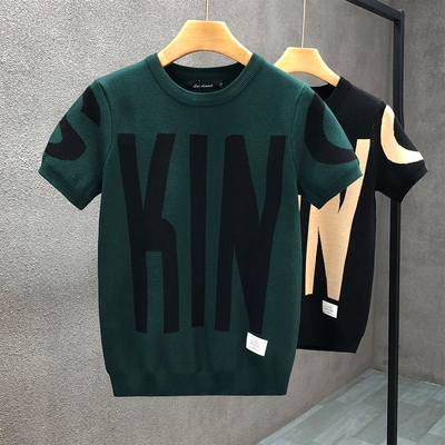 巨帅气短袖毛衣男潮牌冬季半袖针织衫加厚新款男士内搭圆领打底衫