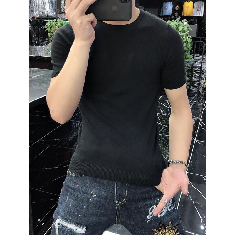 欧货2023春季男士T恤打底衫圆领修身短袖针织衫毛衣纯色白色高端